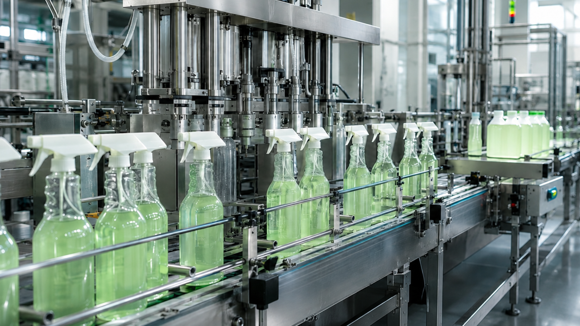 Glass bottles on an automated factory conveyor filling with green liquid in a bottling plant