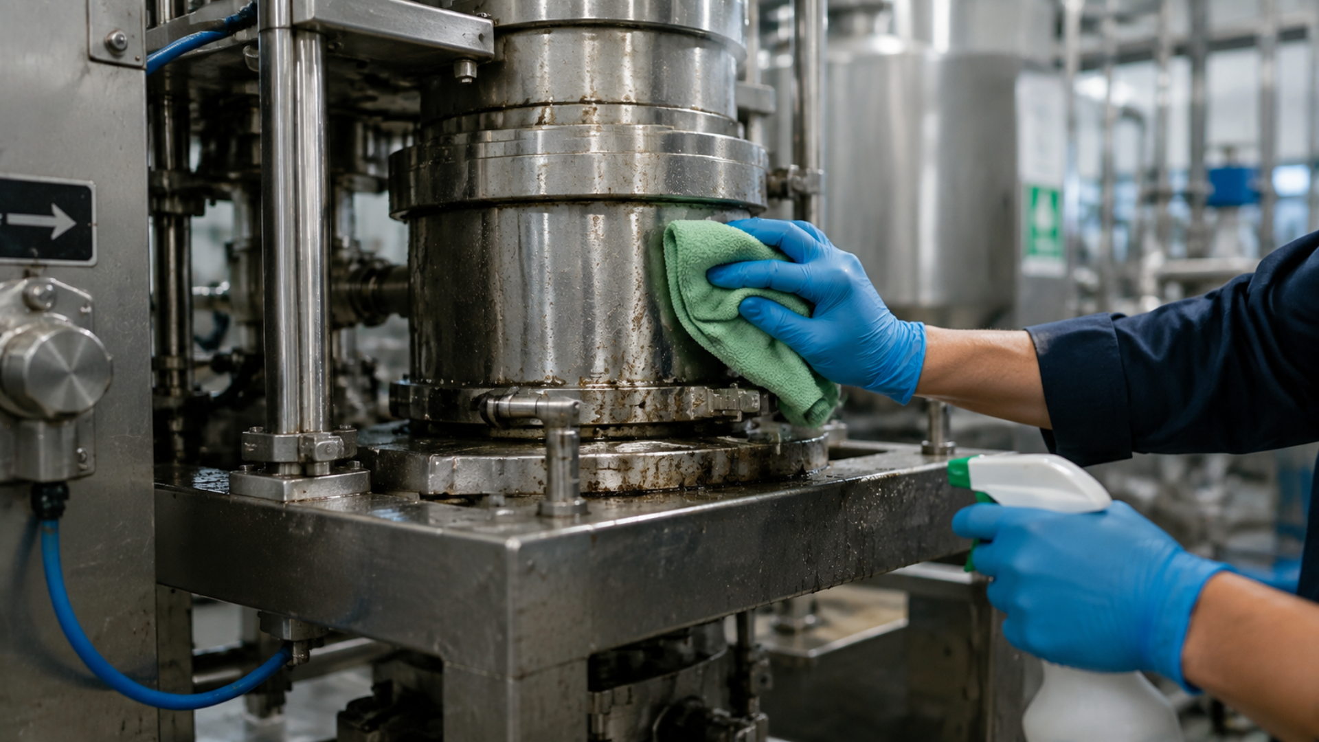 Gloved worker wiping industrial machinery in a factory with a green cloth and spray bottle