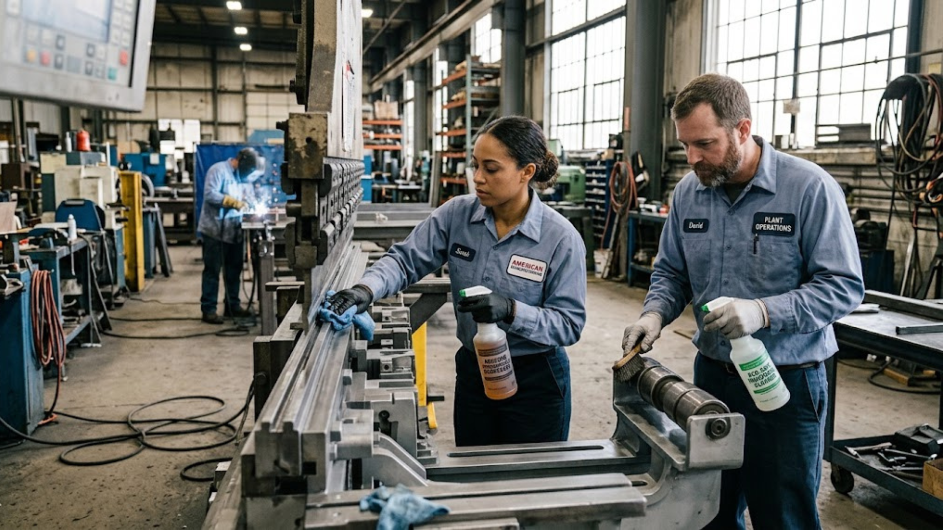 Two workers in blue uniforms inspect machinery on an assembly line in a factory.
