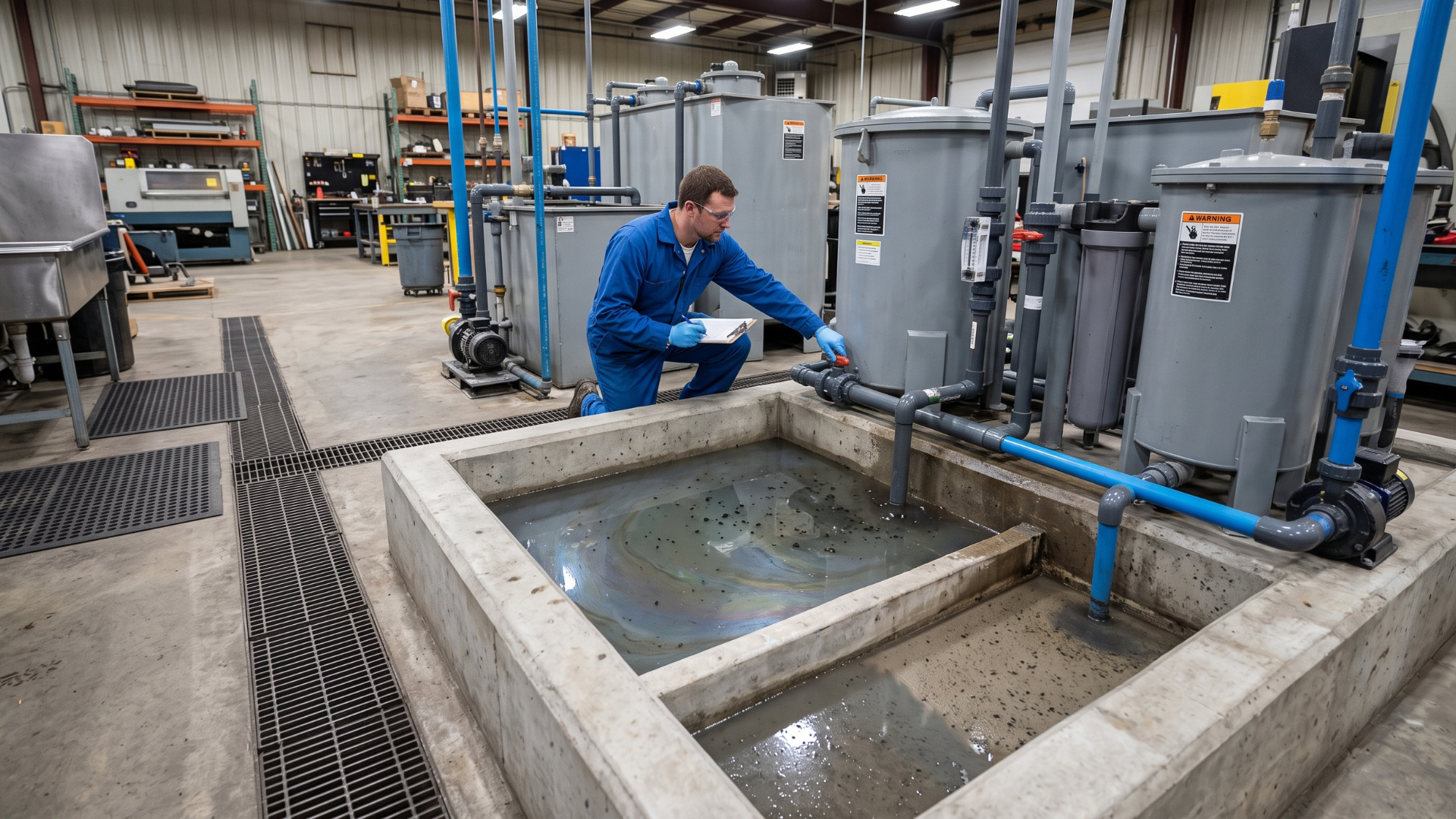 Worker in blue uniform inspecting industrial equipment beside a concrete basin in a factory.