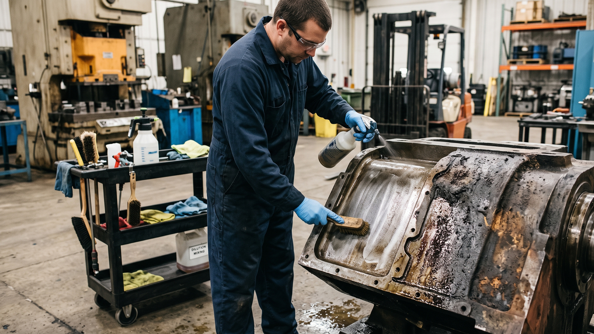Worker in blue gloves inspects a dirty industrial machine part in a workshop.
