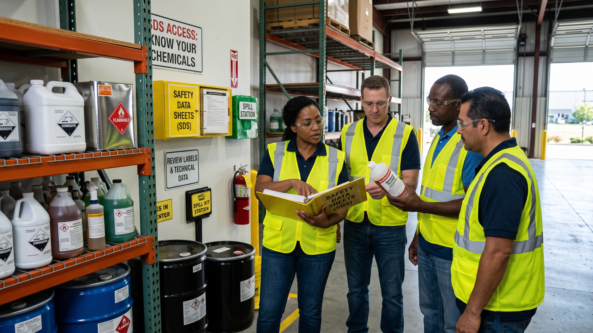 Four workers in neon safety vests review a clipboard in a warehouse aisle with stacked chemical containers.