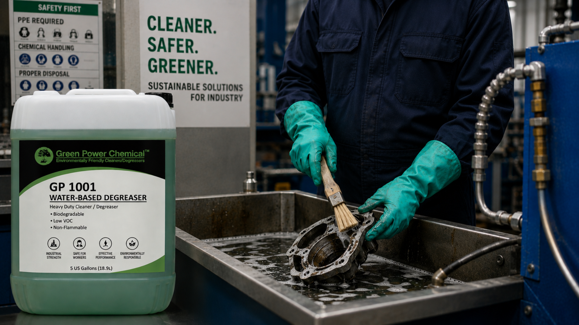 Worker in green gloves cleaning in a metal sink with water-based industrial cleaning solutions beside