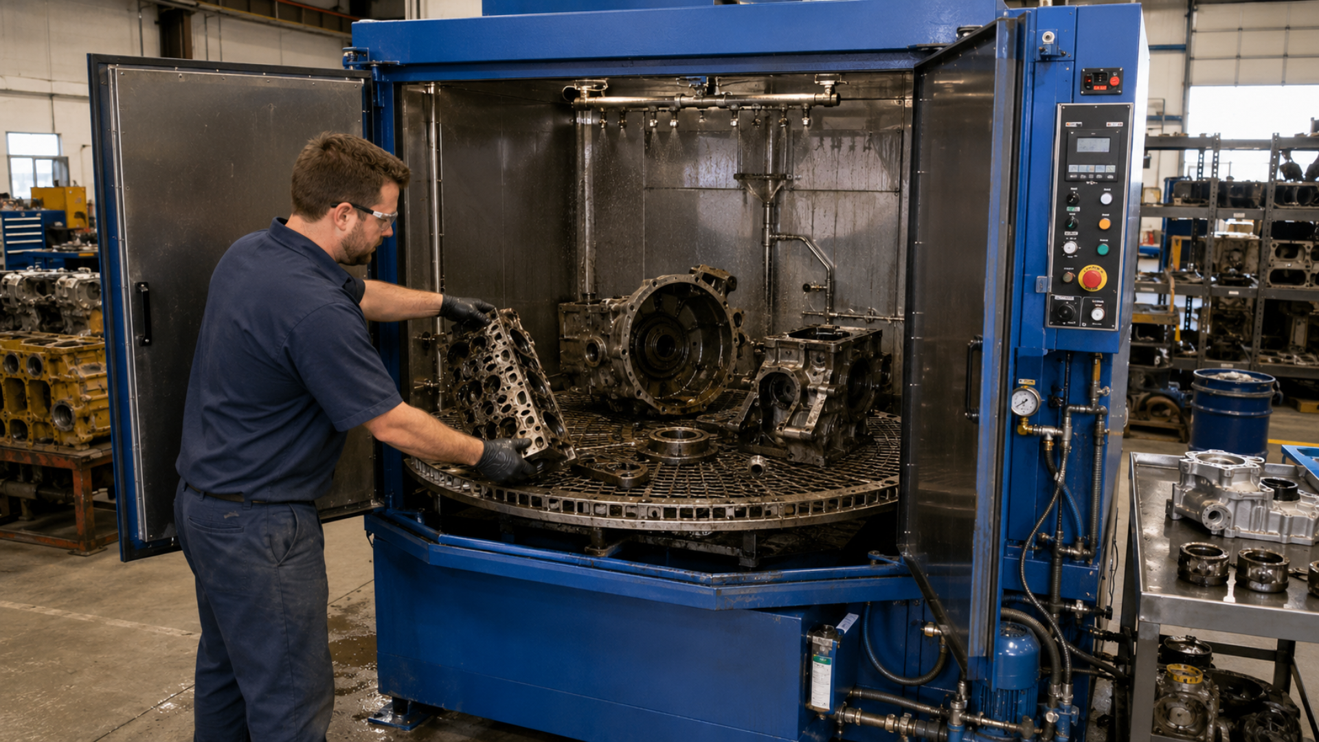 Worker cleaning a large blue industrial machine in a factory workshop