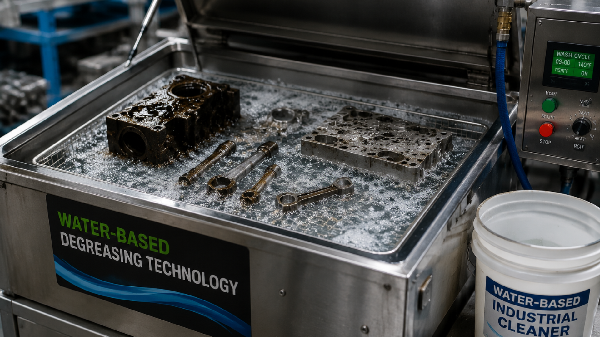 Industrial parts cleaning machine with greasy metal components in a stainless-steel wash basin