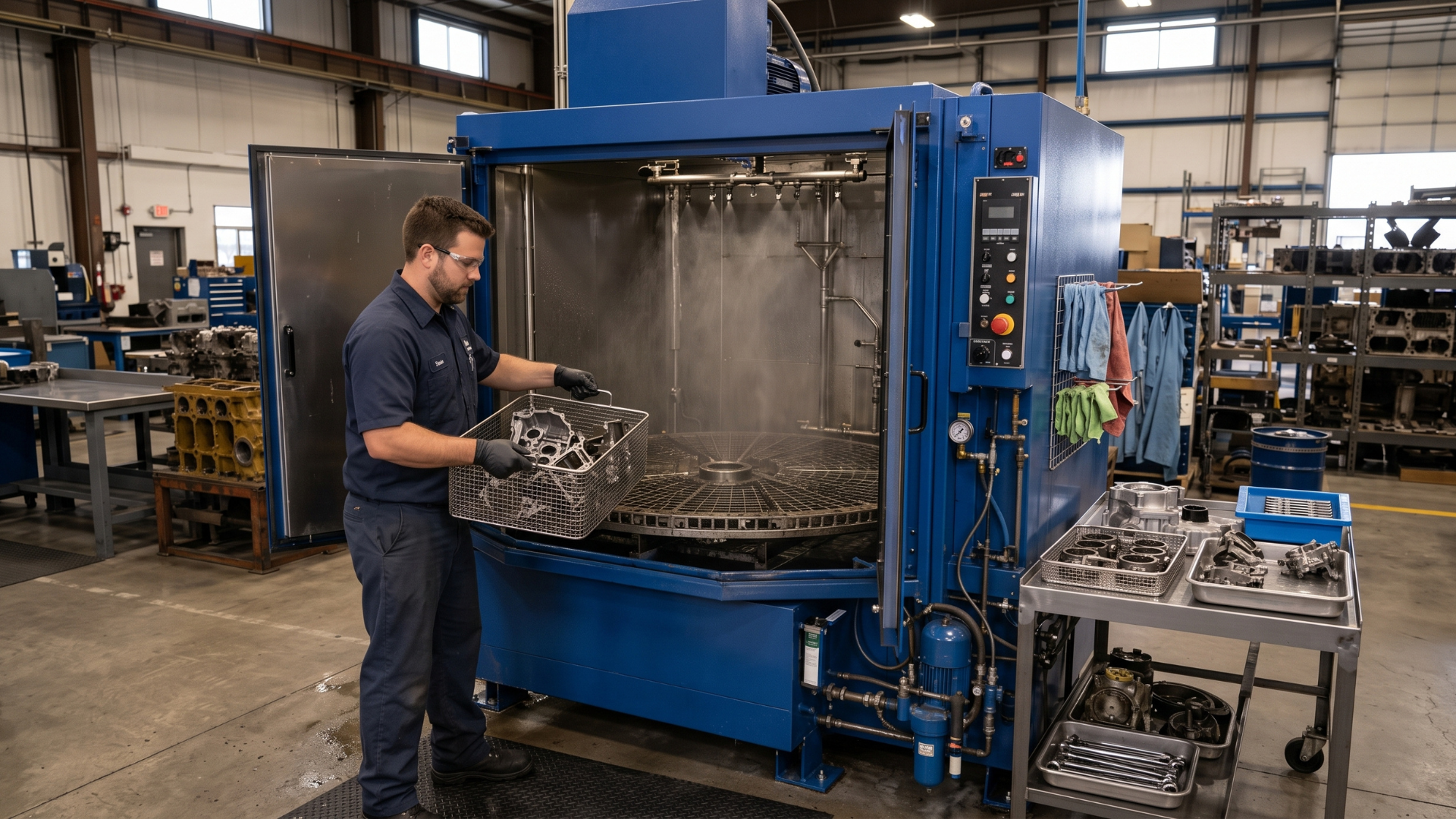Worker loading metal parts into a large blue industrial machine in a workshop