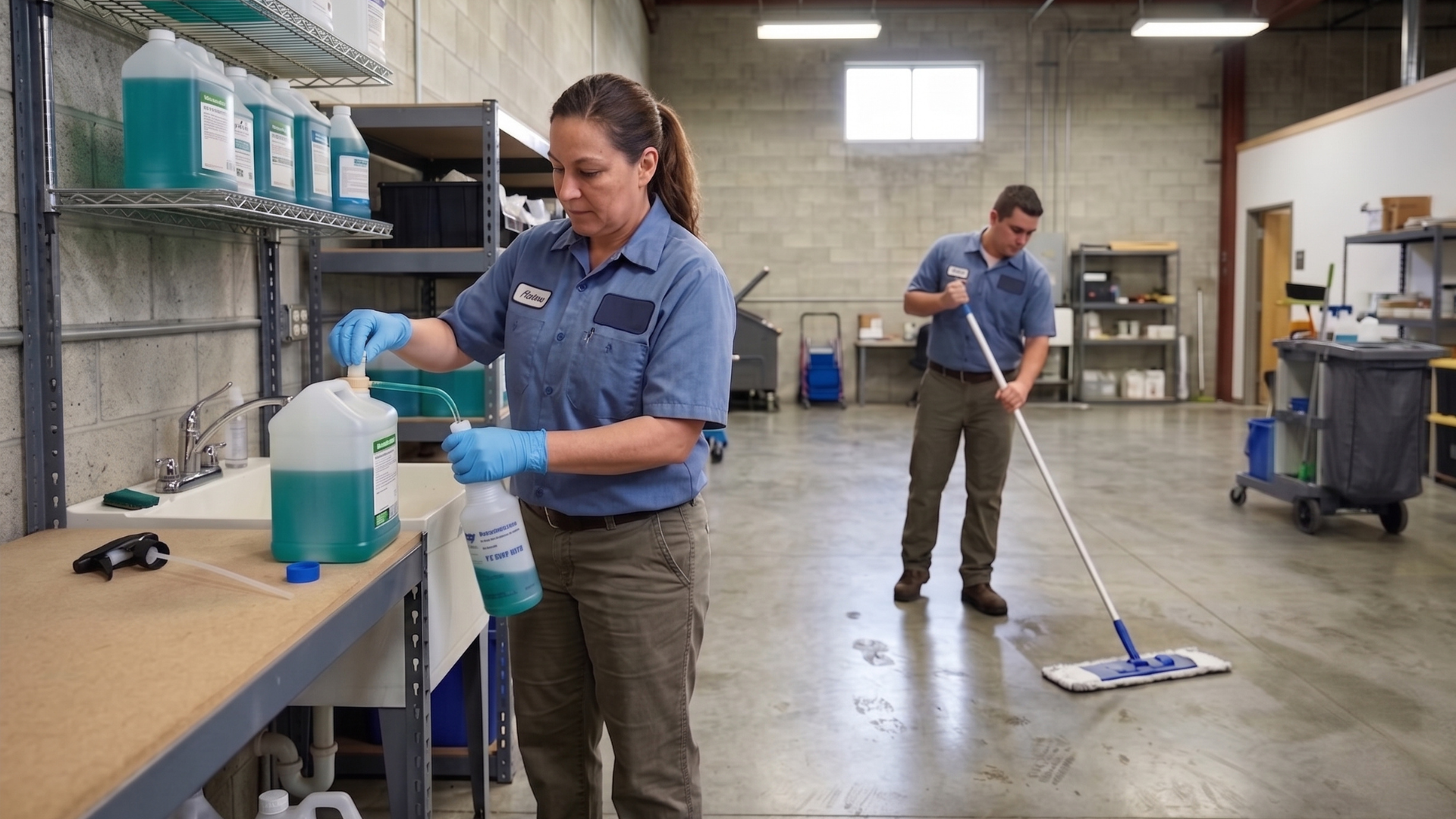 Two workers cleaning a warehouse floor with mops and spray bottles
