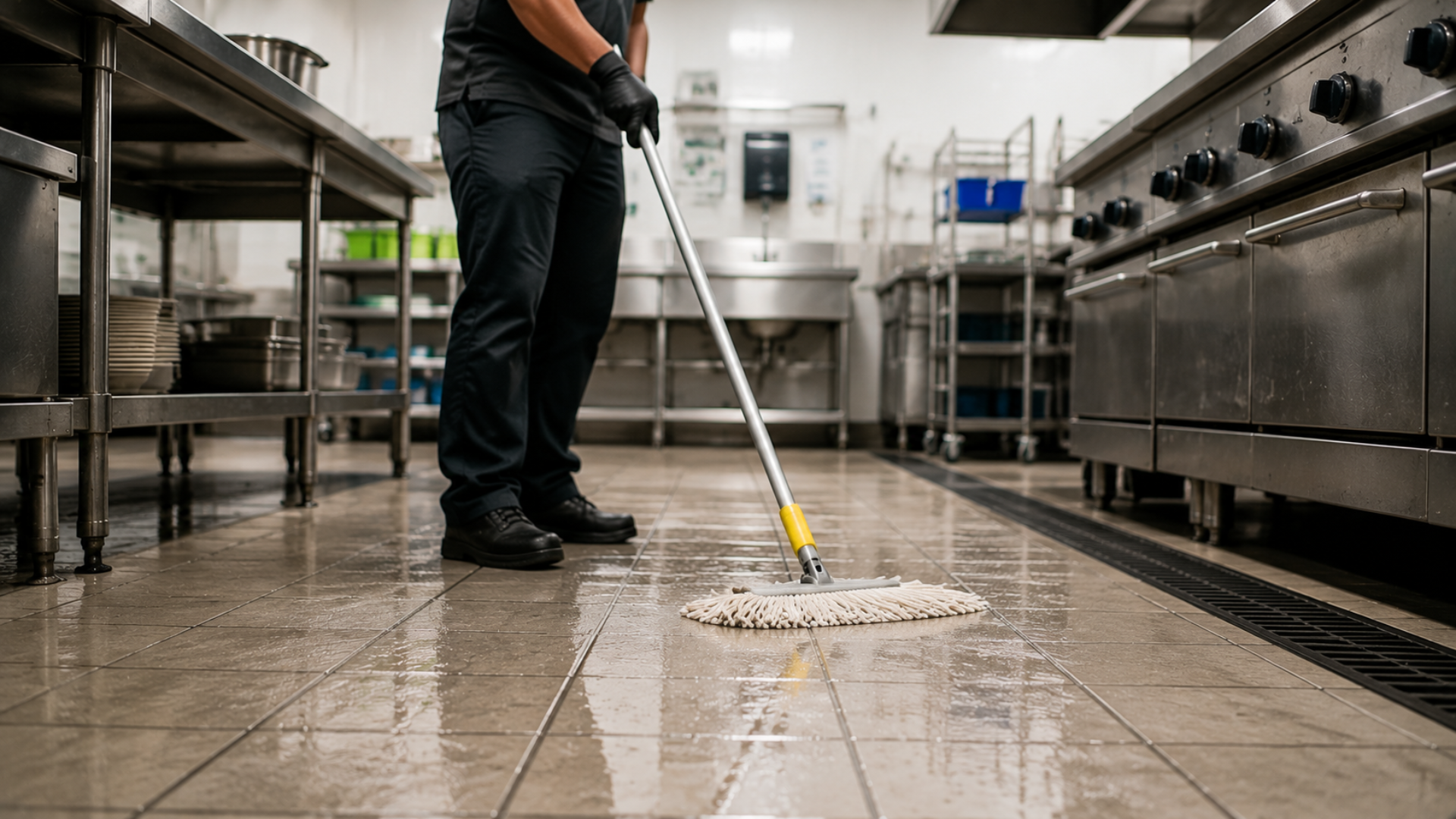 Person mopping a wet commercial kitchen floor between stainless steel appliances