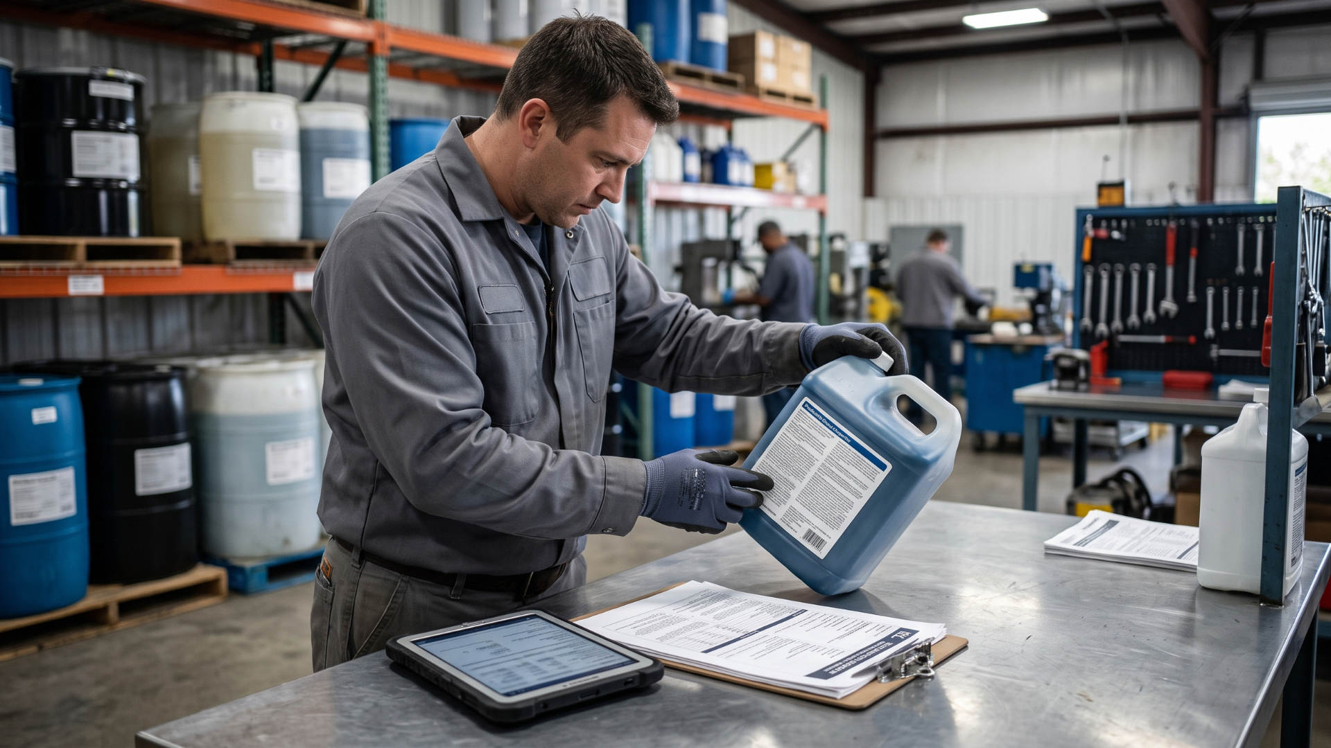 Worker in a warehouse pours liquid from a blue jug into a container at a workbench.
