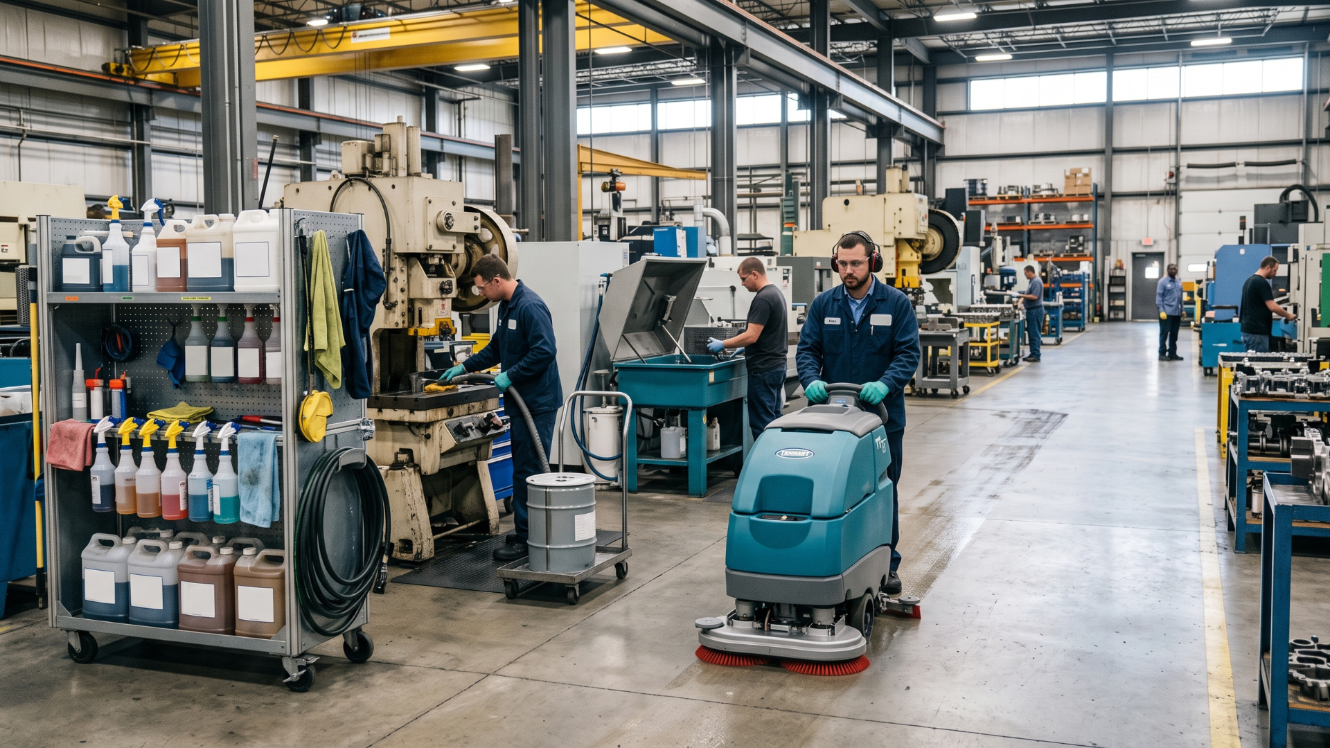 Factory floor with workers using blue floor scrubbers among metal equipment and shelves