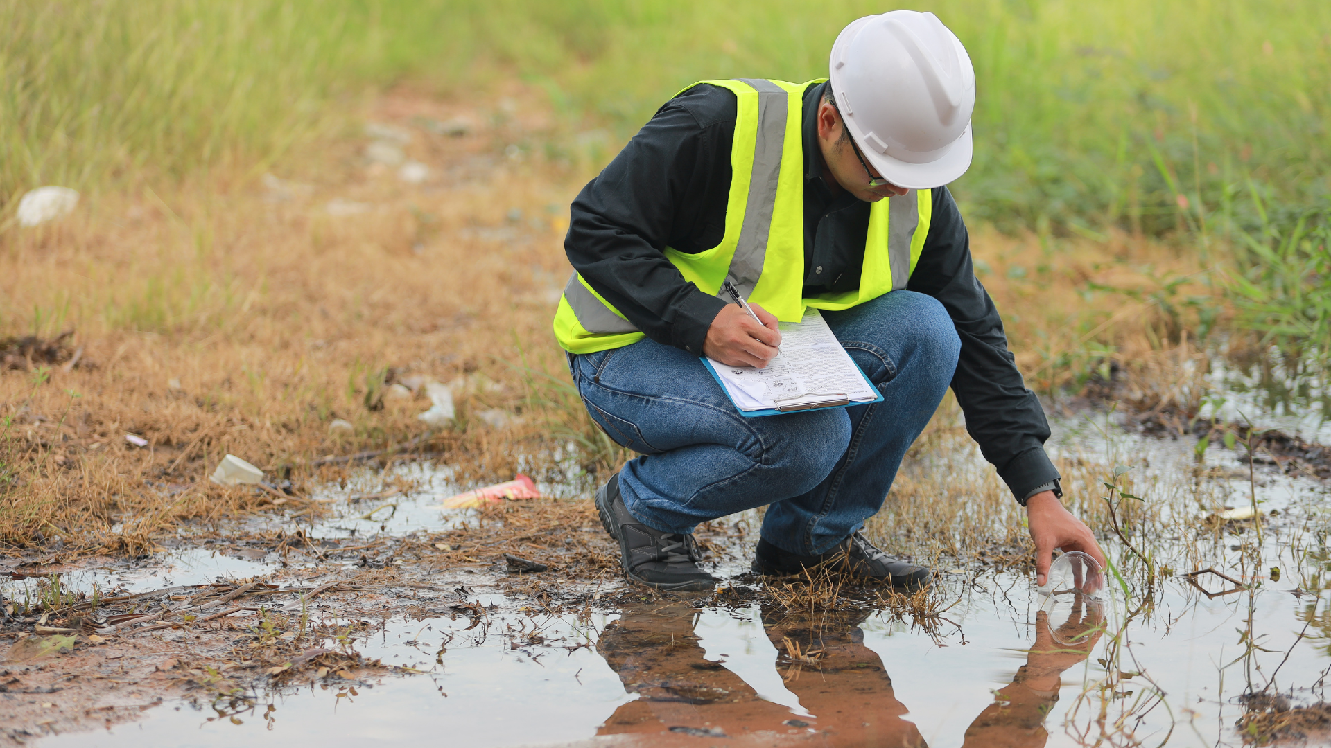 A man is kneeling in a puddle of water while holding a clipboard.