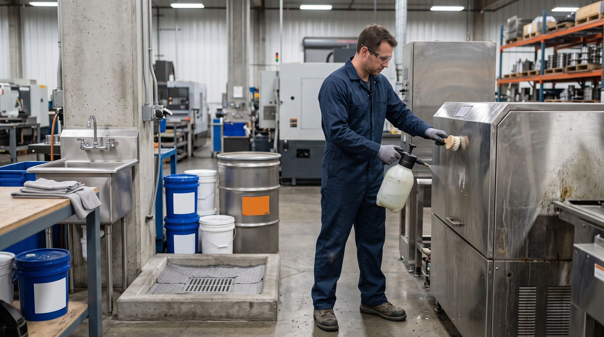 Worker in blue coveralls operating stainless steel machinery in an industrial workshop.