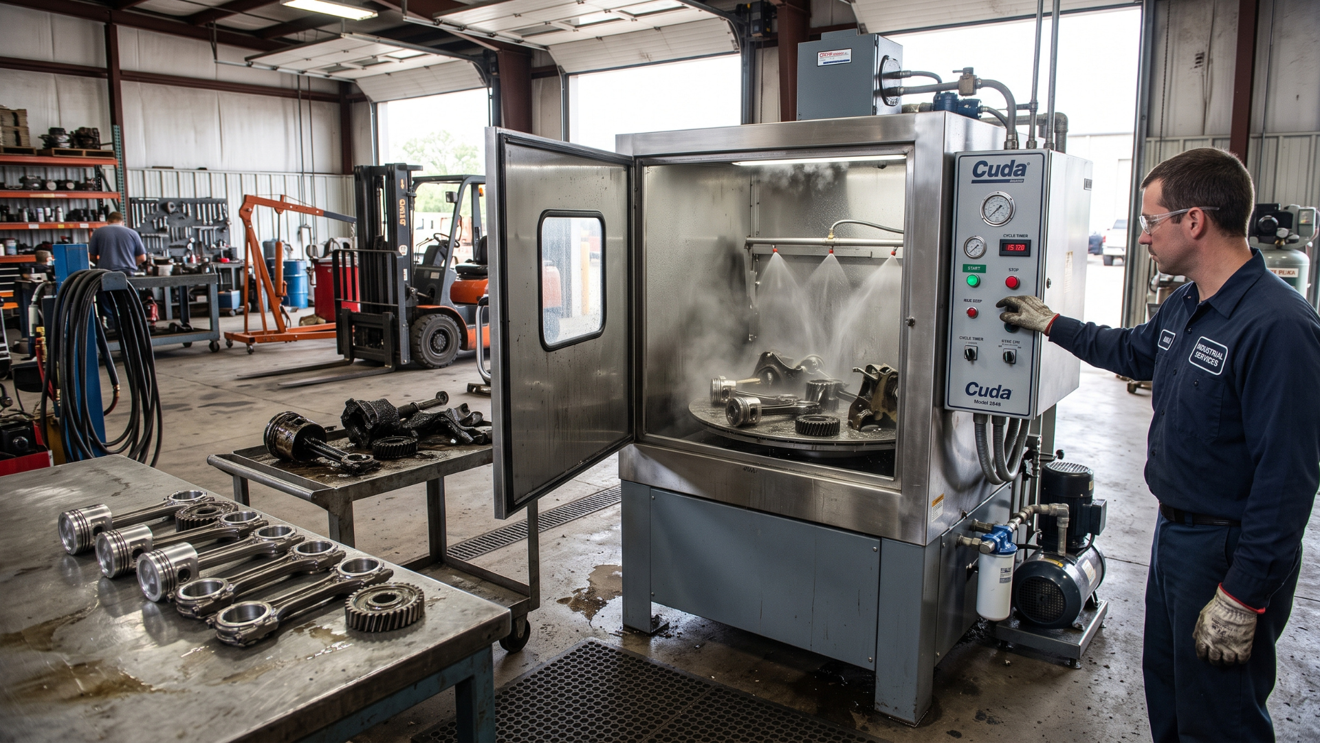 Worker operating a large industrial machine in a metal workshop, with machined parts nearby.