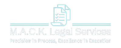 Logo for M.A.C.K. Legal Services, featuring two document icons, text, and two horizontal lines, all in light teal.