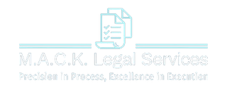 Logo for M.A.C.K. Legal Services, featuring two document icons, text, and two horizontal lines, all in light teal.