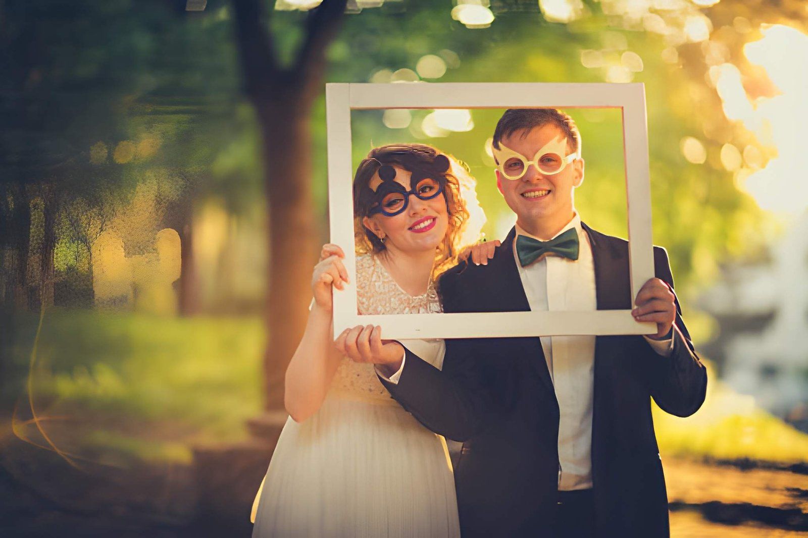 Smiling couple posing through a white frame outdoors in warm sunlight