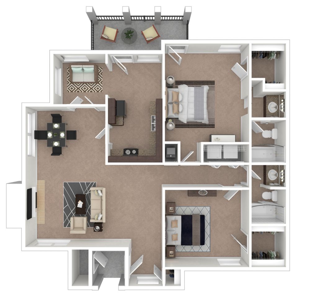 Floor plan for a two-bedroom apartment with a balcony, kitchen, dining area, living room, and two bathrooms.