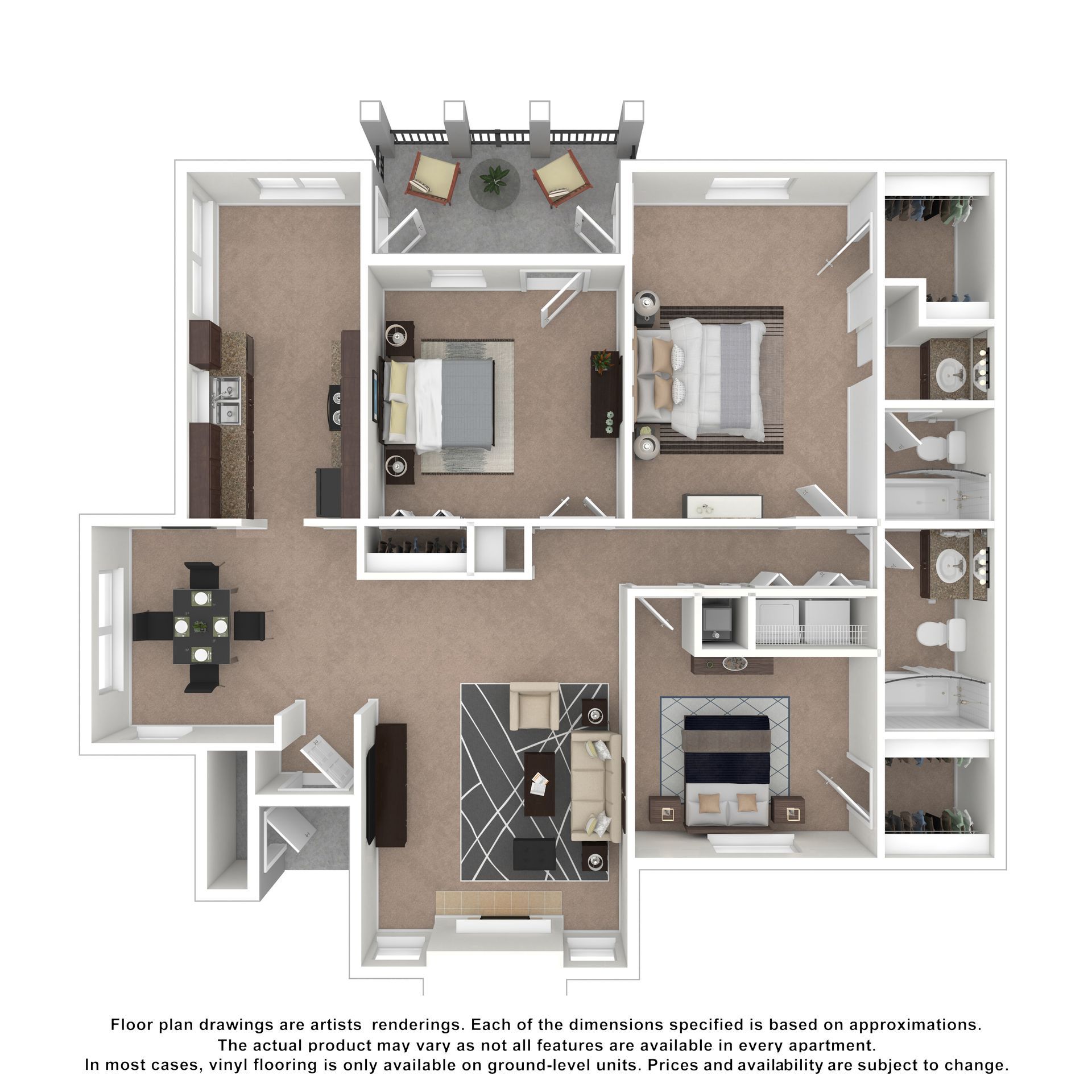 A two-story floor plan showing a kitchen, dining, living area, balcony, two bedrooms, and two bathrooms.