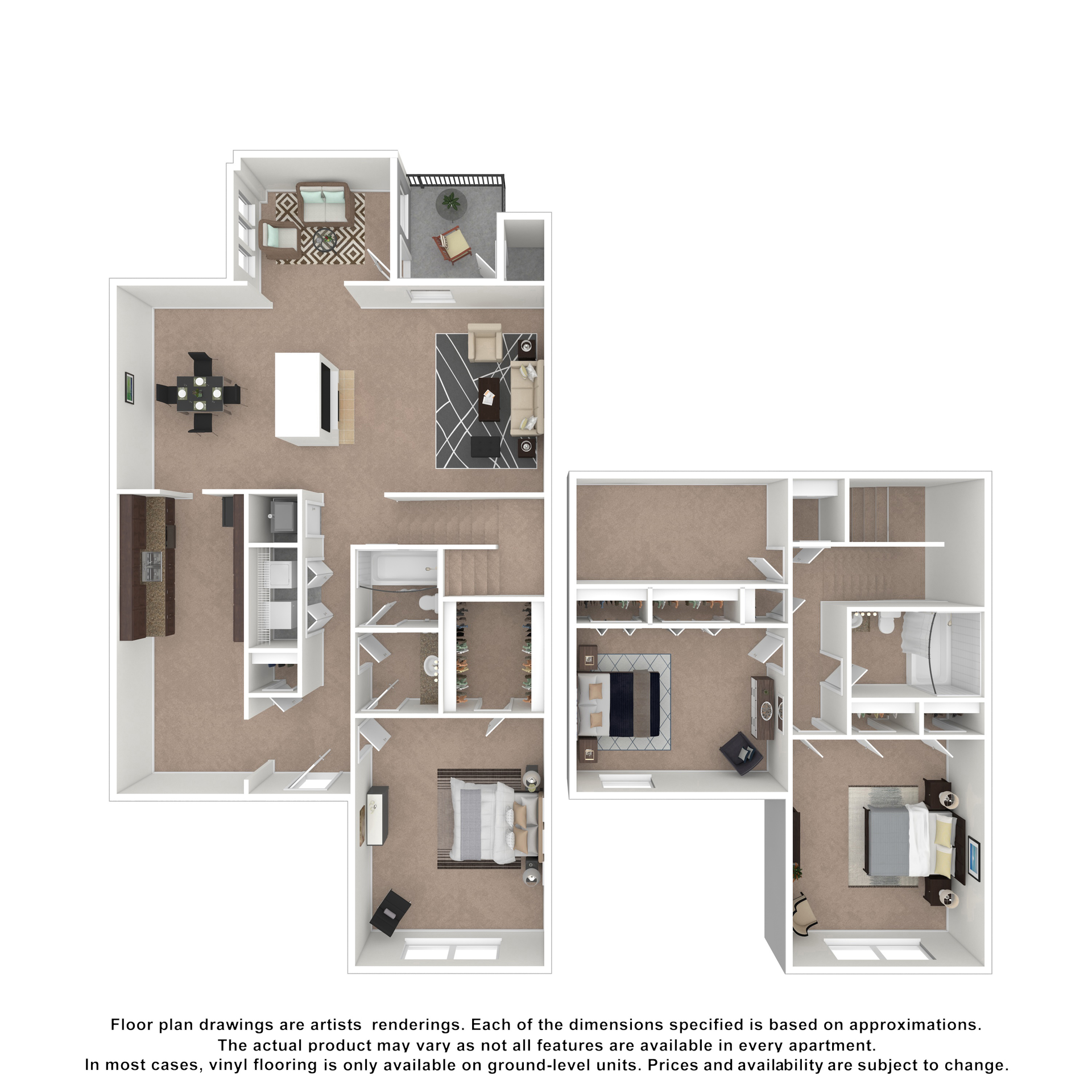 Floor plan of a two-bedroom, two-bathroom apartment featuring a kitchen, dining area, living room, and balcony.