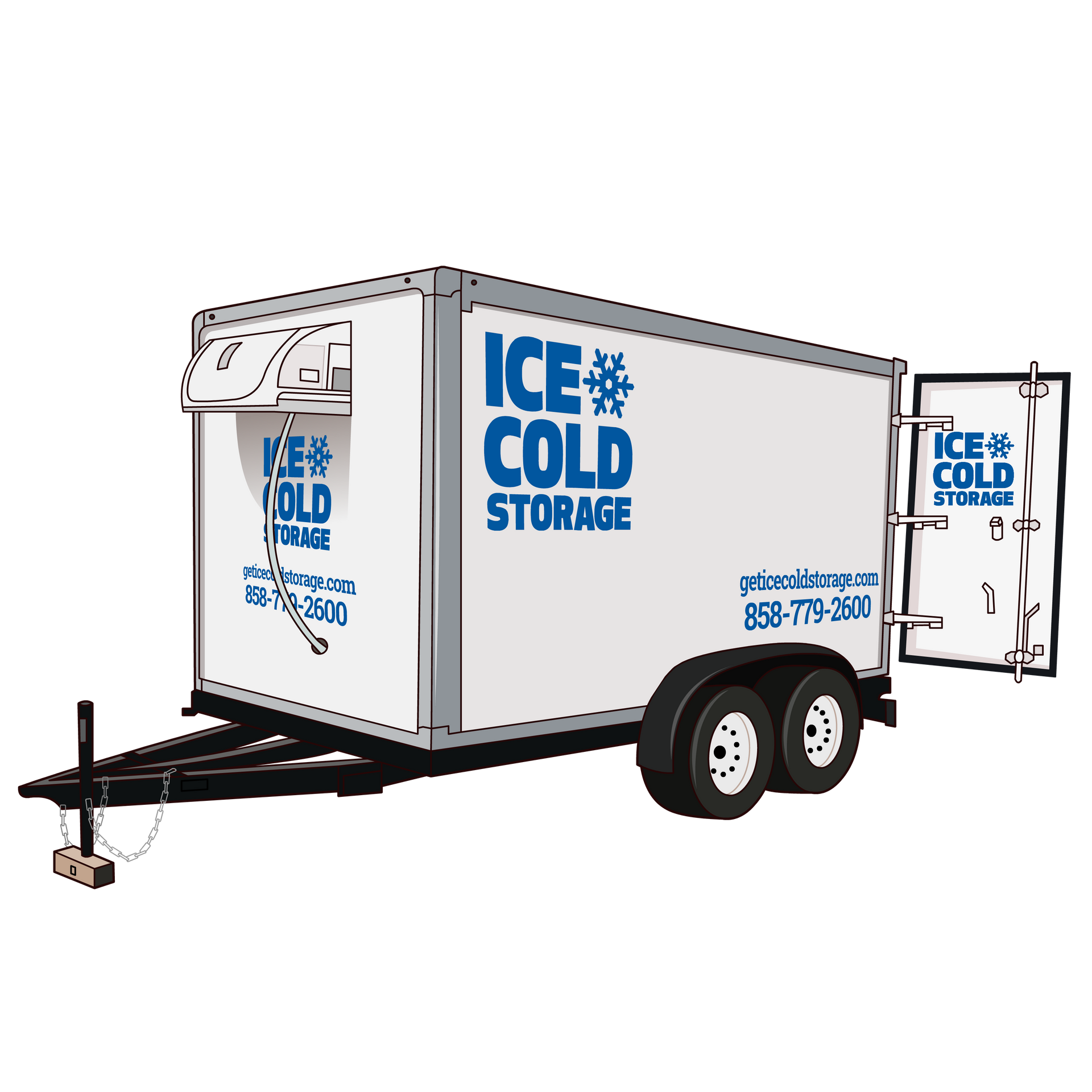 White portable refrigerated storage trailer branded 