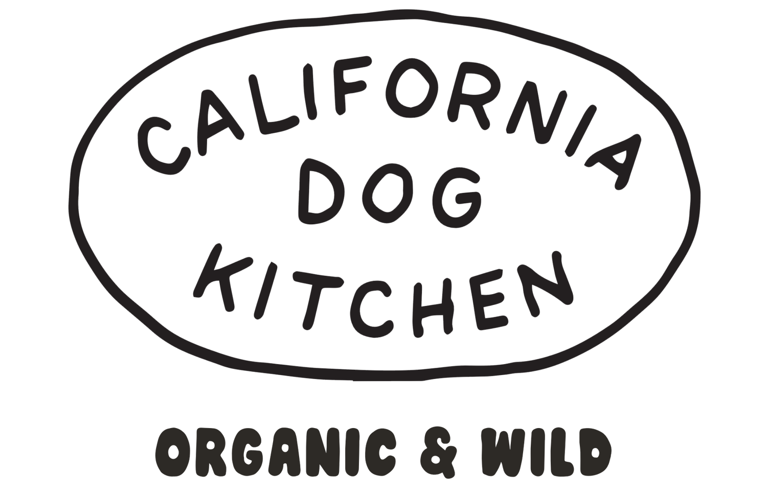 A logo with the text "CALIFORNIA DOG KITCHEN" inside an oval, with "ORGANIC & WILD" written below in a rounded font.
