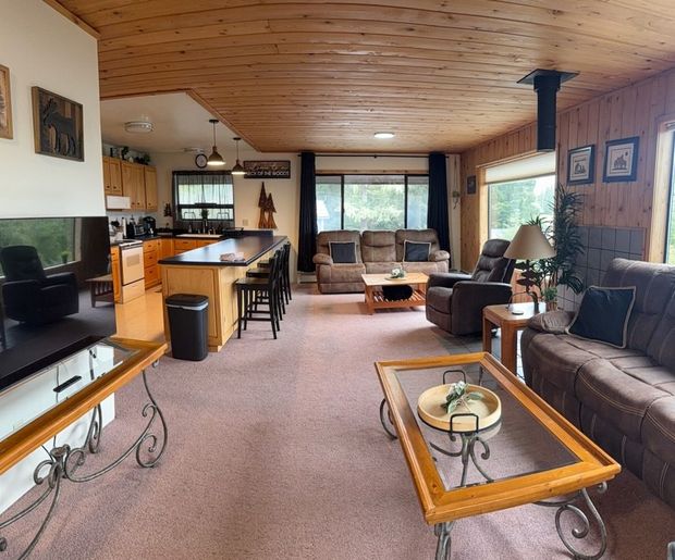 Cozy wood-paneled living room with carpet, leather sofa, coffee tables, and fireplace view