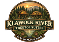 Logo for Klawock River Treetop Suites with cabins, trees, and sunset over 6745 Hemlock Road