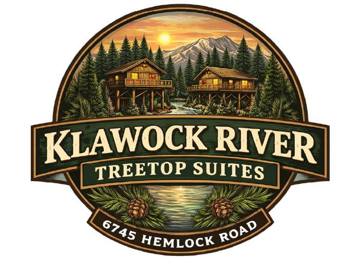 Logo for Klawock River Treetop Suites with cabins, trees, and sunset over 6745 Hemlock Road