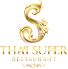 Gold logo for Thai Super Restaurant with ornate “S” and floral design on white background