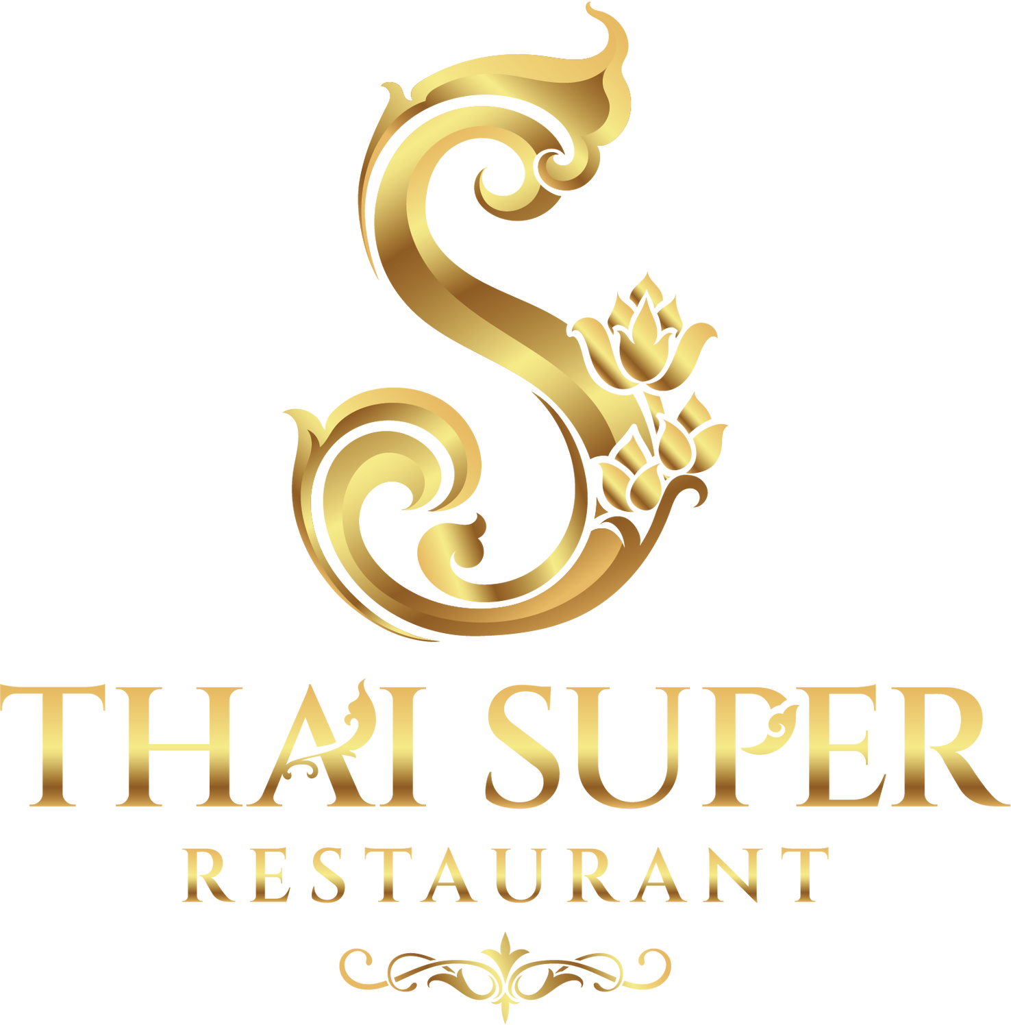 Gold logo for Thai Super Restaurant with ornate “S” and floral design on white background
