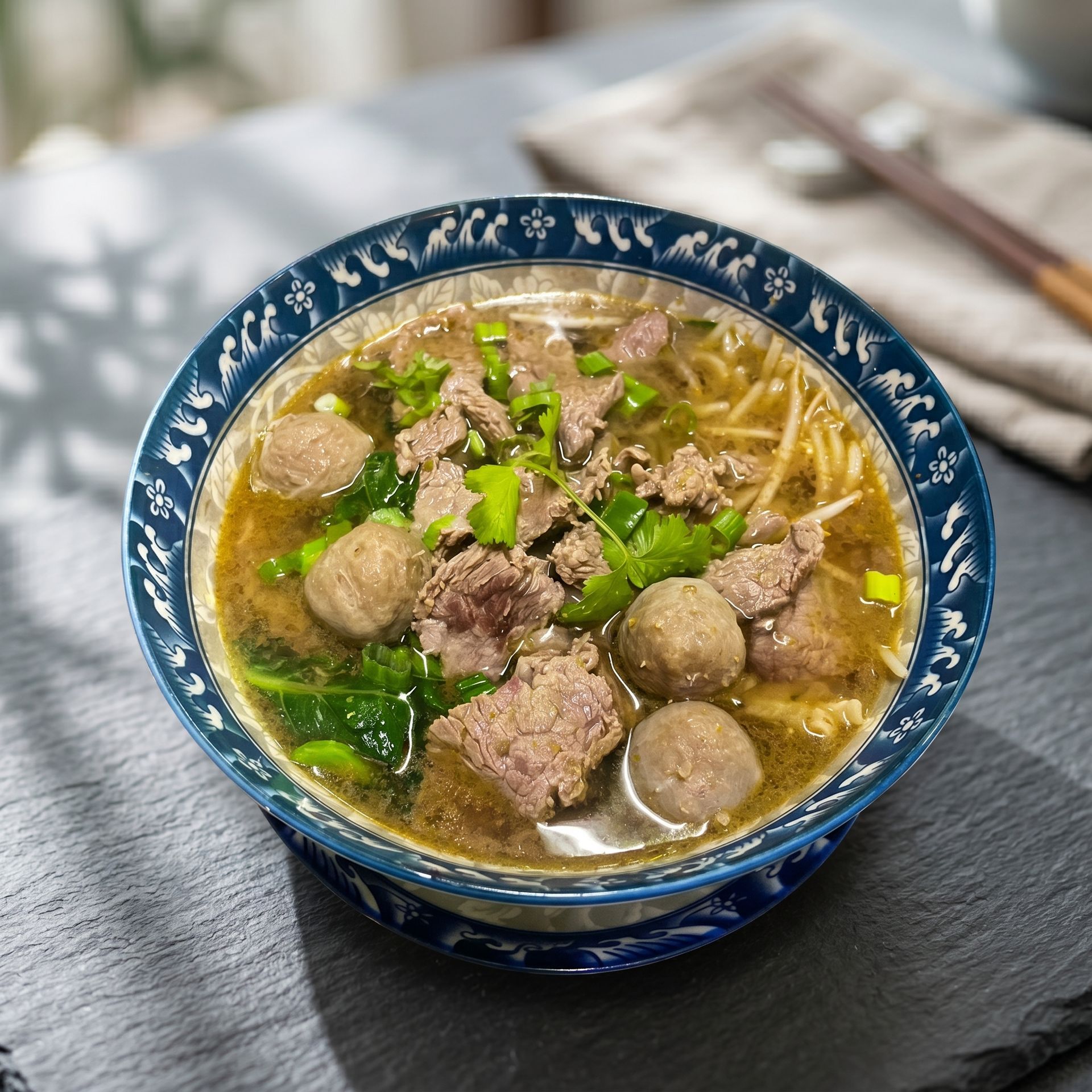 Blue bowl of noodle soup with meatballs and minced meat on a table
