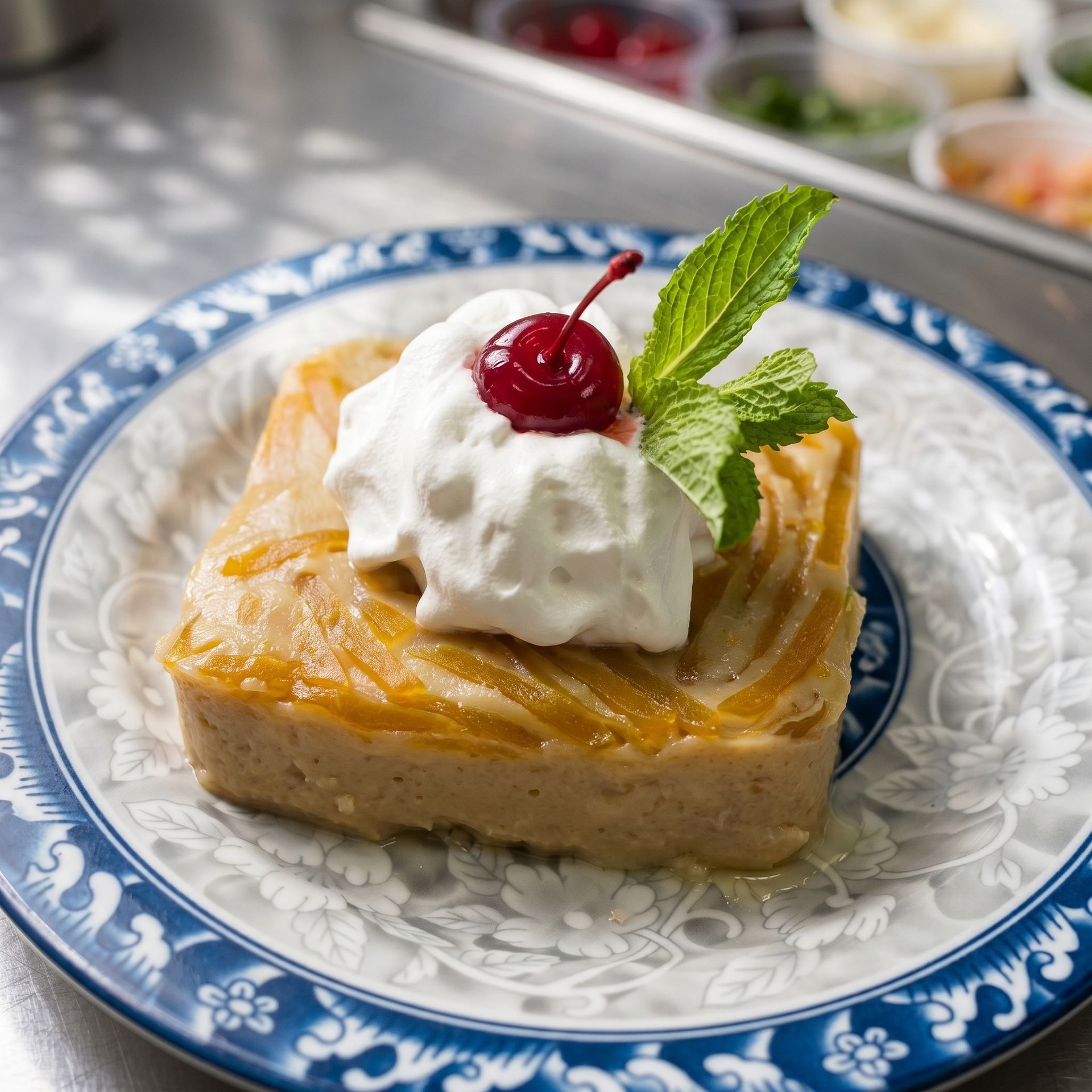 Slice of peach cake topped with whipped cream, cherry, and mint on a blue-and-white plate