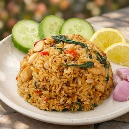 Plated fried rice garnished with herbs, cucumber slices, lemon wedges, and shallots