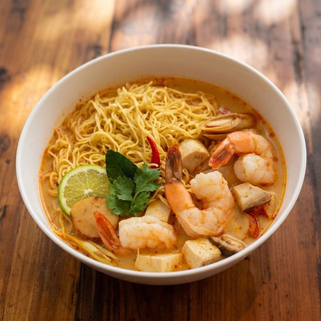 Bowl of shrimp noodle soup with lime, cilantro, and tofu on a wooden table