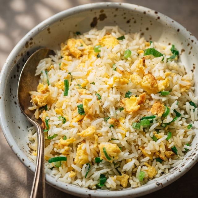 Bowl of fried rice with egg and green onions, with a spoon resting on the side