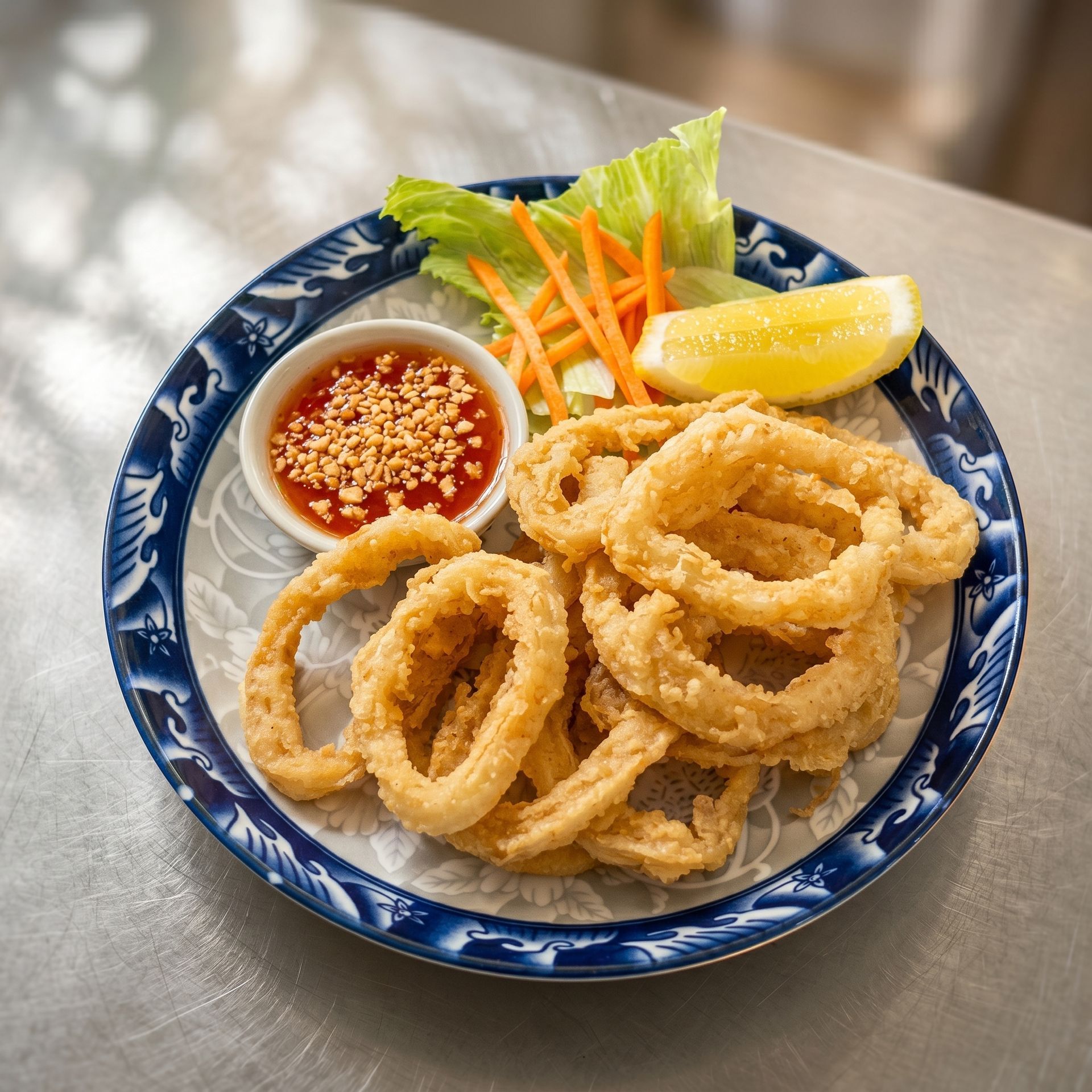 Plate of crispy fried calamari with dipping sauce, lemon wedge, and shredded vegetables on a blue dish