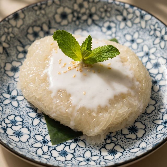 White mochi dessert topped with mint on a blue floral plate