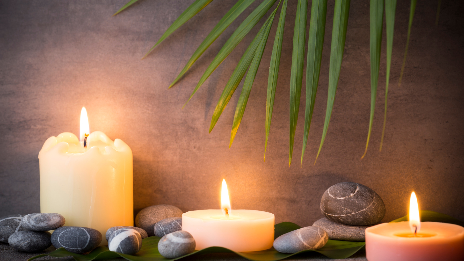 A row of lit candles surrounded by rocks and a palm leaf.
