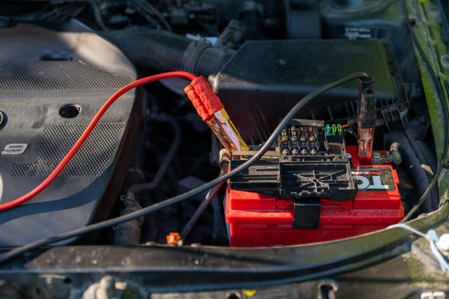 Car battery being charged with jumper cables and a portable charger under the hood