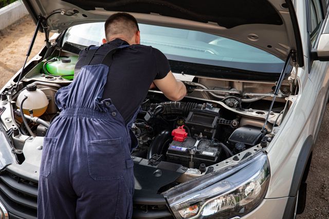 Person leaning into an open car hood, inspecting the engine in a driveway