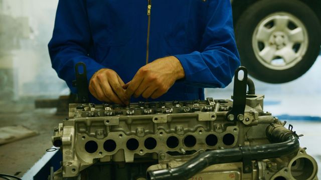 Mechanic in blue jacket working on a car engine in a garage