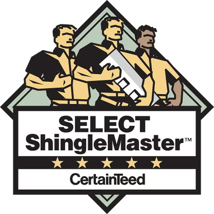 Select ShingleMaster CertainTeed logo with three roofing workers holding shingles inside a triangle