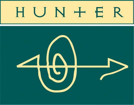 Hunter logo on teal background with a gold spiral and arrow emblem