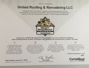 United Roofing & Remodeling LLC certification certificate with Select ShingleMaster badge and CertainTeed logo