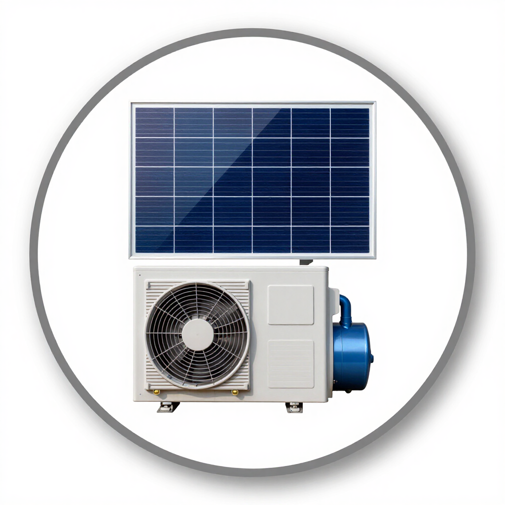 Panel solar sobre una unidad de aire acondicionado exterior en un marco circular.