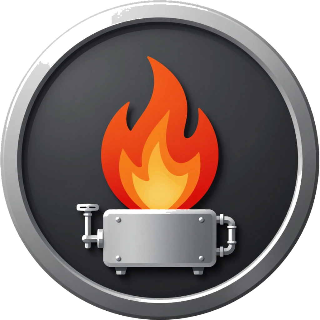 Icono de cortafuegos con una llama naranja dentro de una insignia circular de metal gris oscuro.