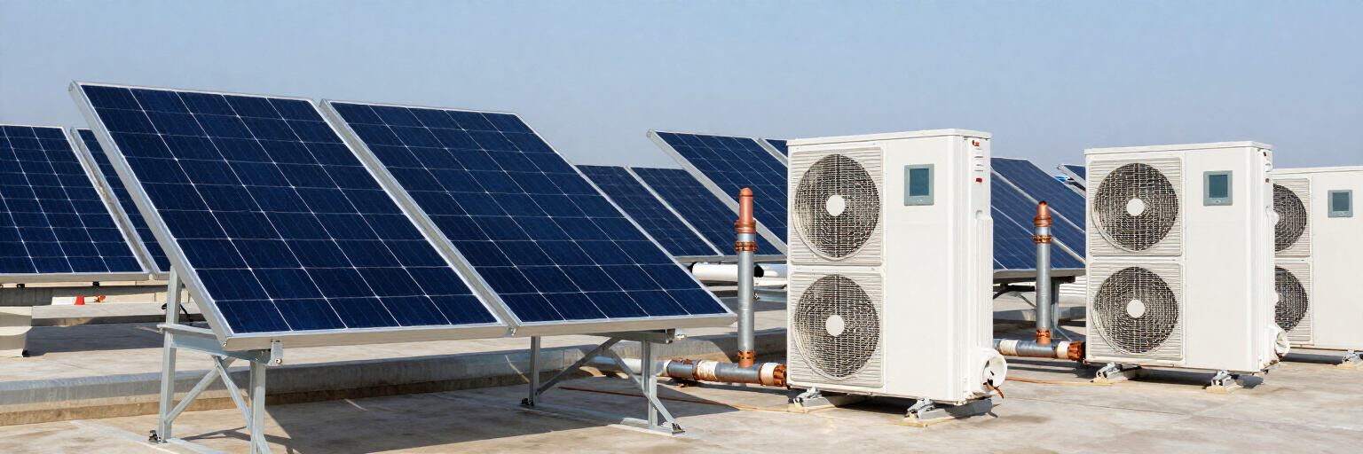 Paneles solares y unidades de climatización blancas instaladas en un techo plano bajo un cielo despejado.