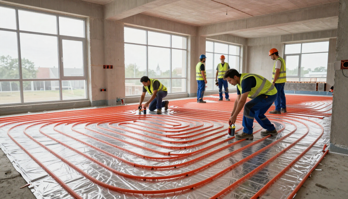 Técnicos instalando sistema de calefacción por piso radiante en una obra nueva en construcción.