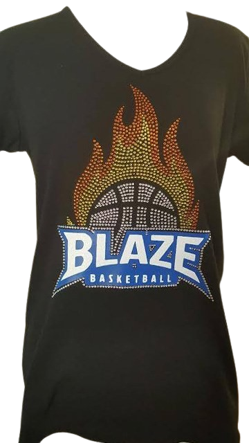 A black shirt with a blaze basketball logo on it