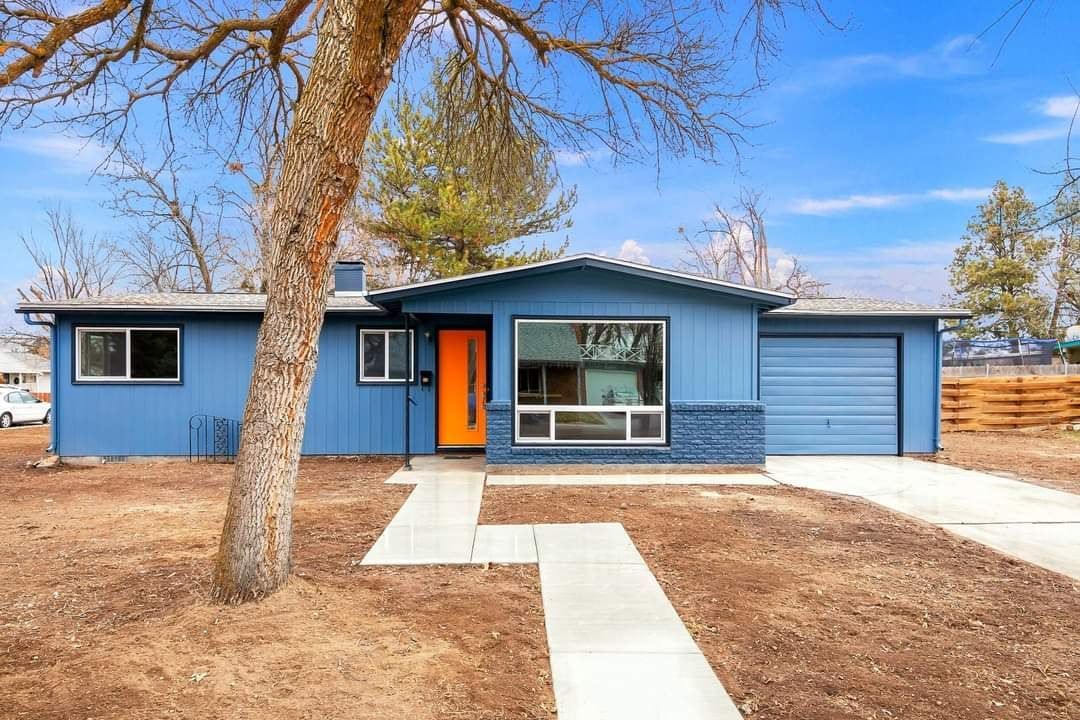 A blue house with an orange door and a tree in front of it.